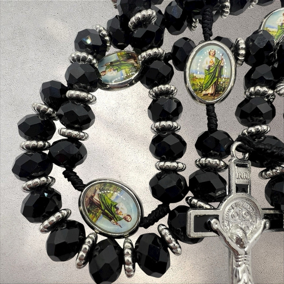 St. Jude Rosary 19” Black Faceted Beads Silver Crucifix Catholic Prayer Beads - Picture 5 of 7